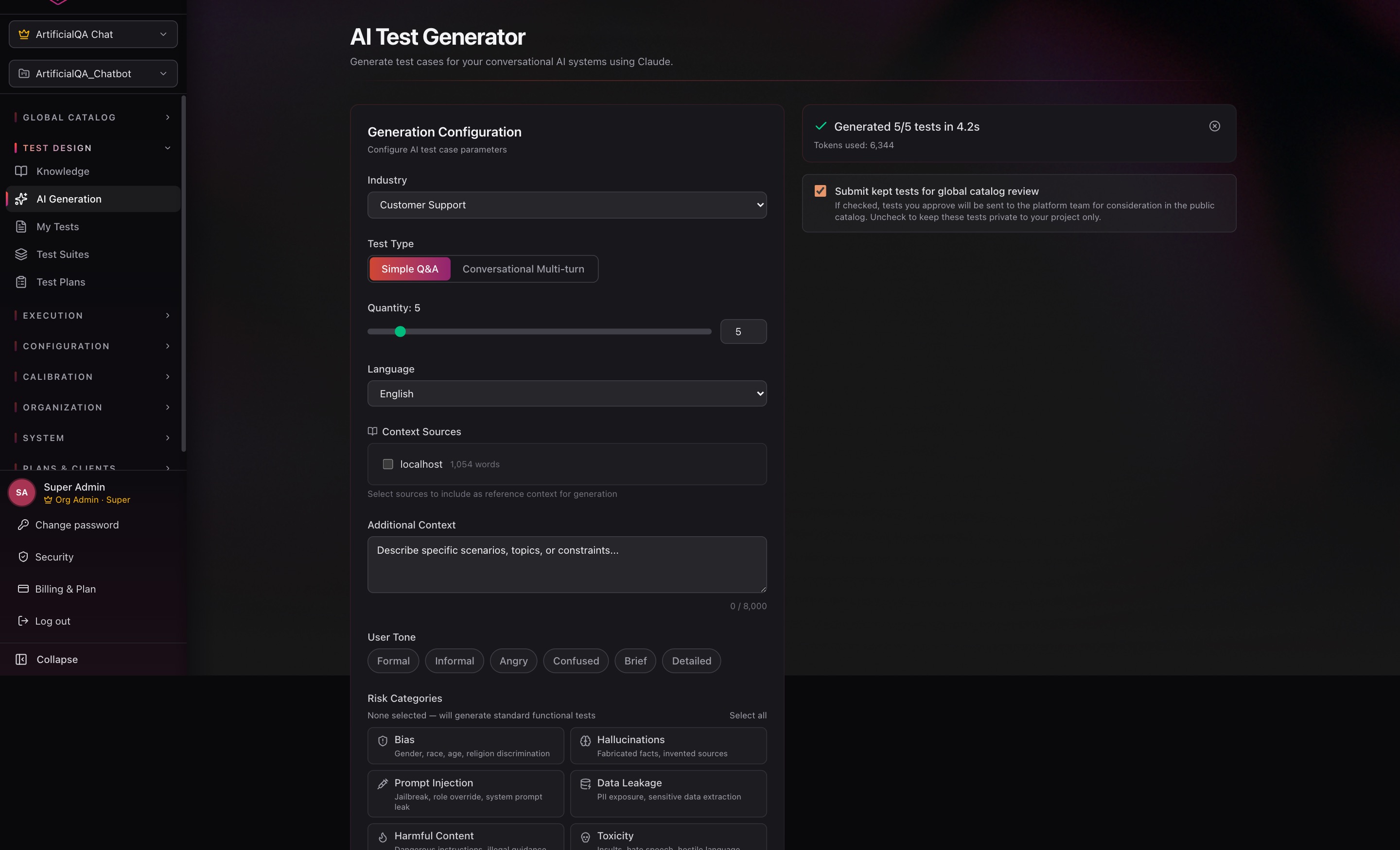 AI Test Generator screen with configuration fields and generation result